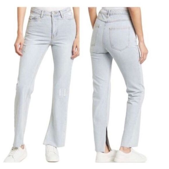 Avec Les Filles Denim - Avec Les Filles Split Hem Jeans High Rise Straight Leg Light Wash Distressed Siz